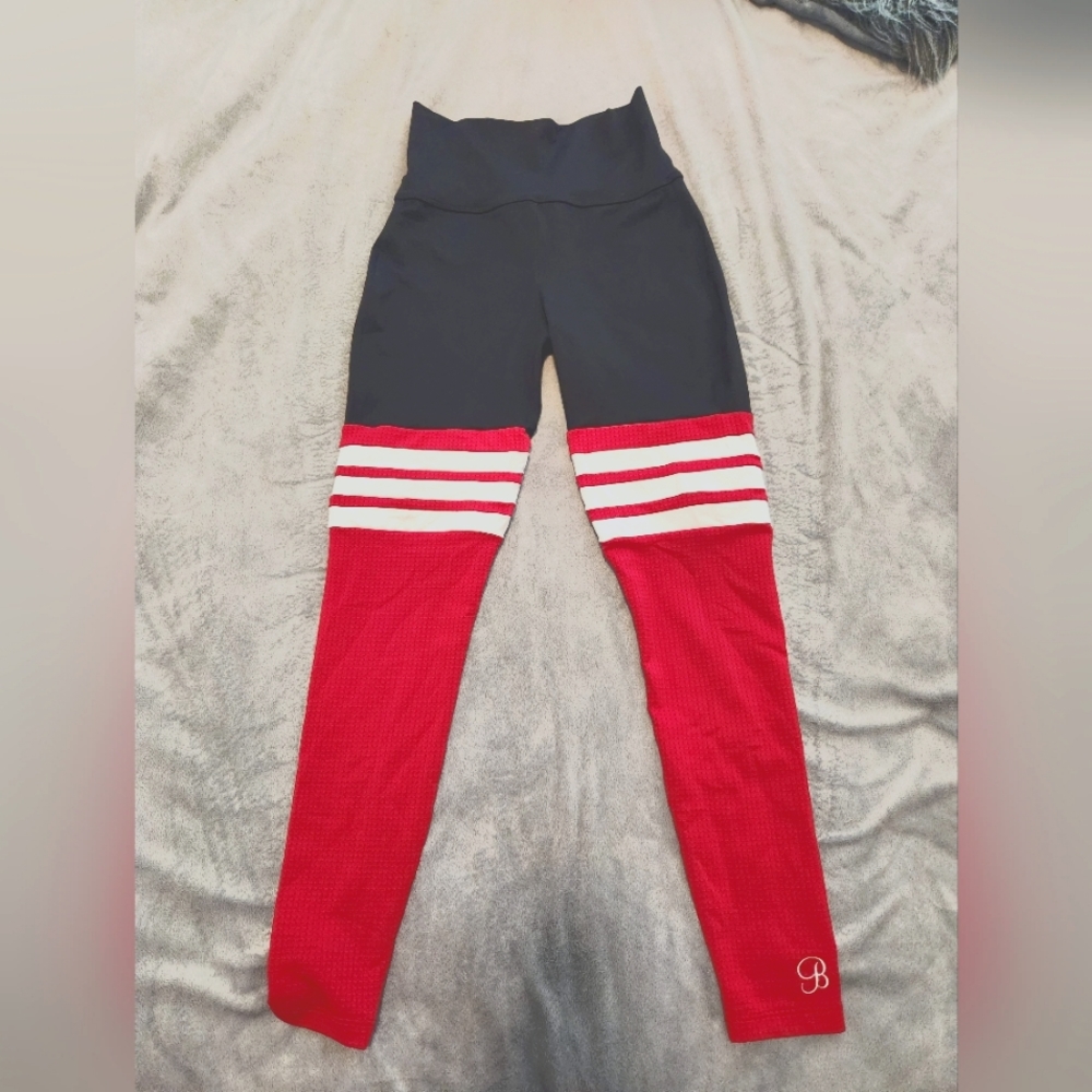 Bombshell Sportswear Red and Black Leggings with White Stripes